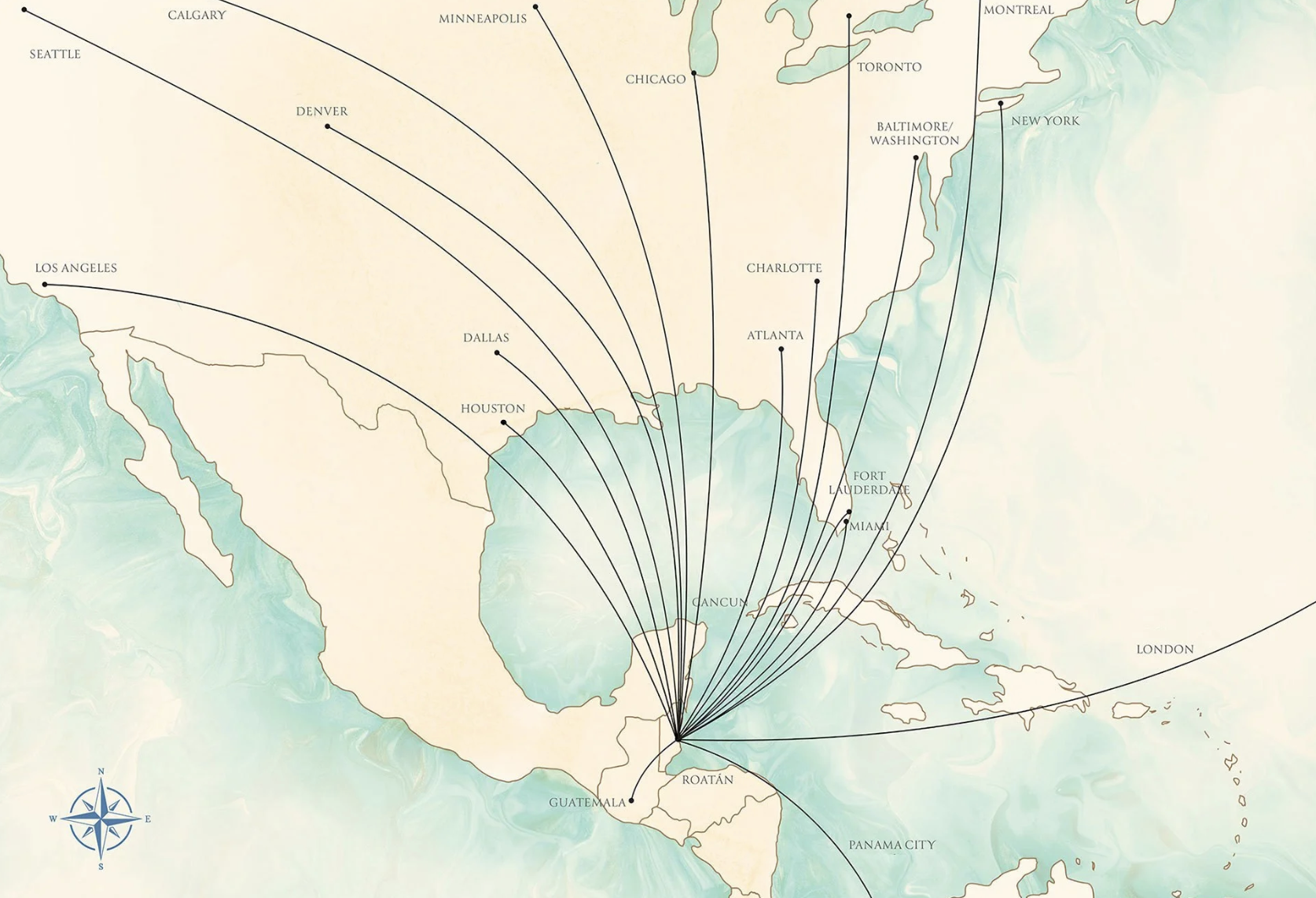Nonstop flight routes from major North American cities to Belize