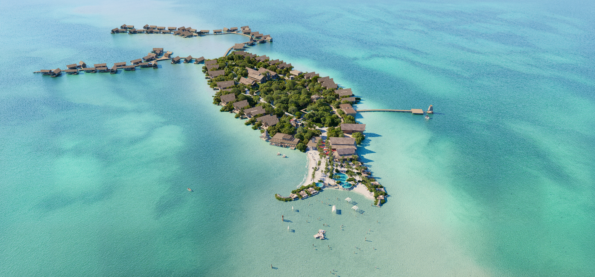 Six Senses Belize — aerial of the island resort and overwater branded residences